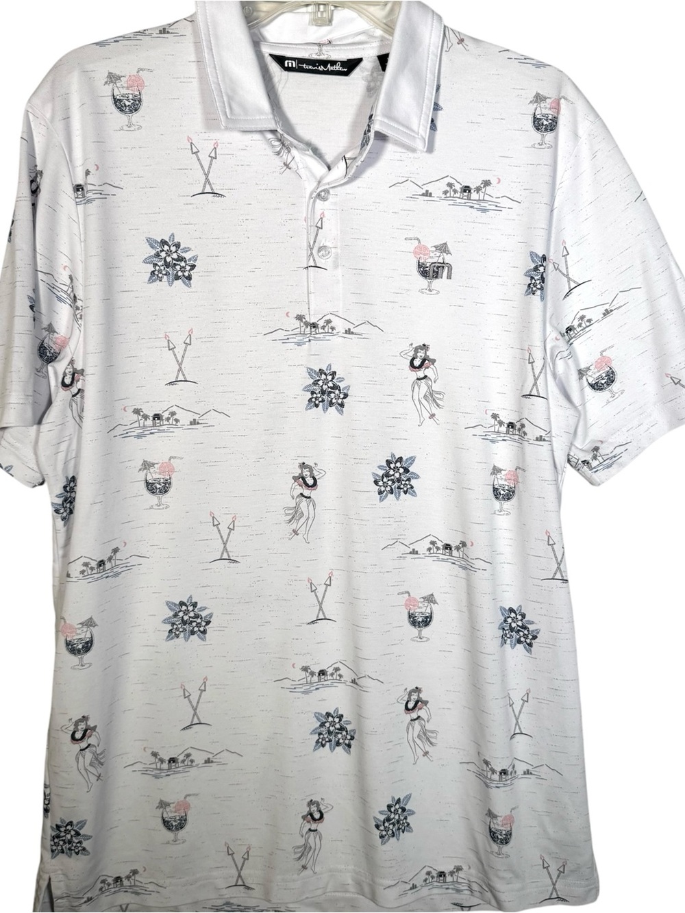 Travis Mathew Golf Polo Shirt Hawaiian Hula Girl All Over Print Mens Sz Large
